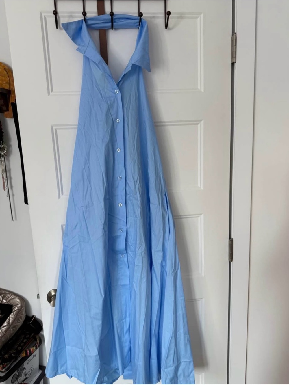 Light Blue Halter Button-Front Maxi Dress